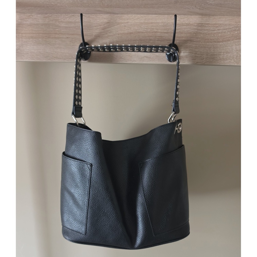 Steve Madden Bsammy Bucket Bag Black Faux Leather Studded Strap Purse - Picture 2 of 10